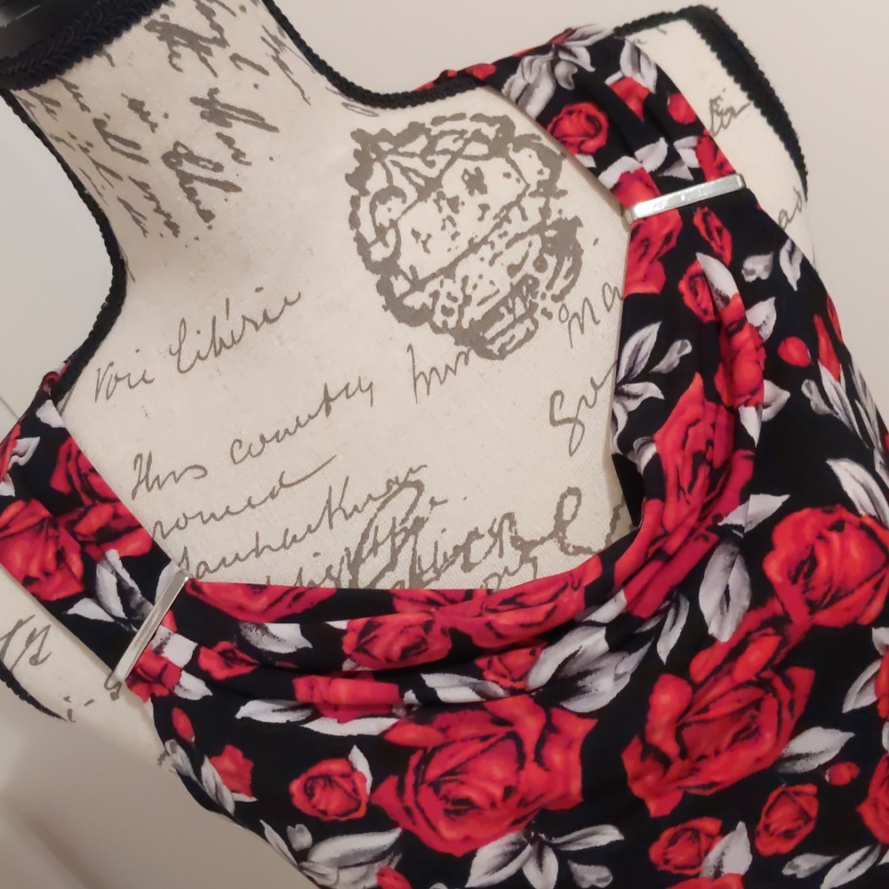 White House Black Market Red and Black Floral Tank Top